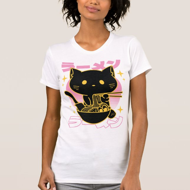 Cat animal eating ramen food T-Shirt (Front)