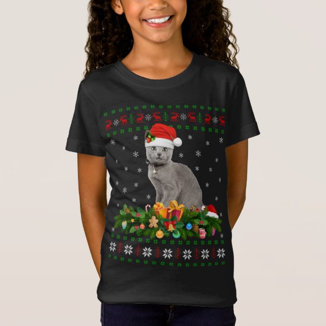 Cat Animal Lover Santa Hat Ugly Russian Blue Cat C T-Shirt (Front)