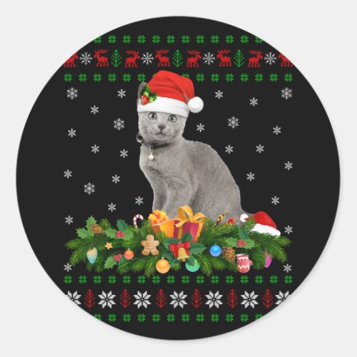 Cat Animal Lover Santa Hat Ugly Russian Blue Cat Classic Round Sticker