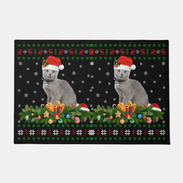 Cat Animal Lover Santa Hat Ugly Russian Blue Cat Doormat (Front)