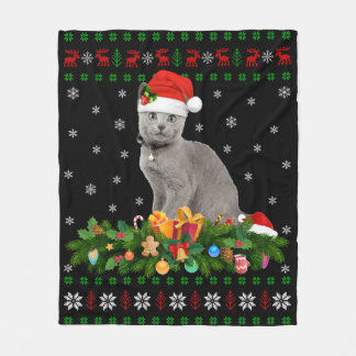 Cat Animal Lover Santa Hat Ugly Russian Blue Cat Fleece Blanket