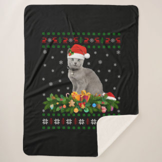 Cat Animal Lover Santa Hat Ugly Russian Blue Cat Sherpa Blanket