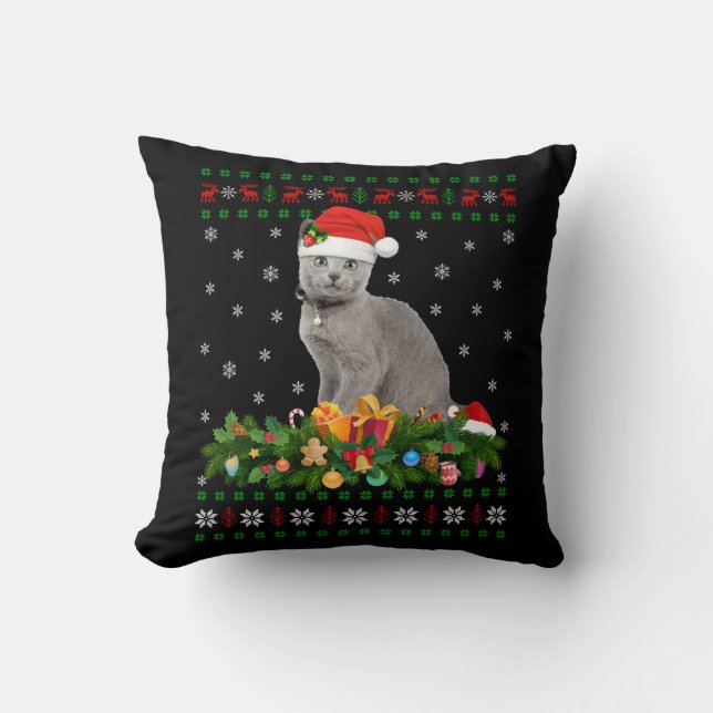 Cat Animal Lover Santa Hat Ugly Russian Blue Cat Throw Pillow (Front)