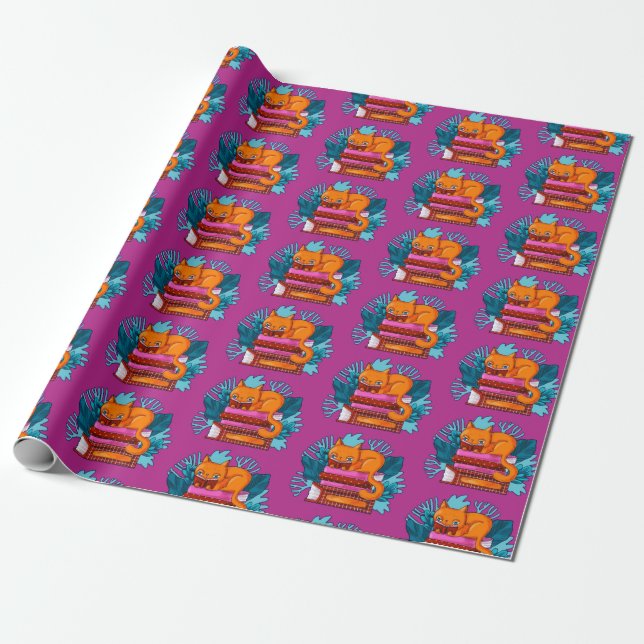 Cat Approved Books Pink Wrapping Paper (Unrolled)