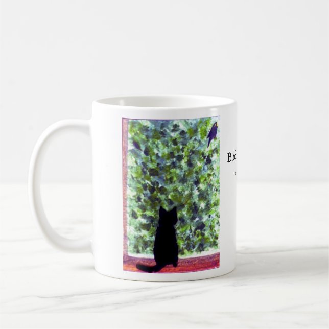 Cat Art Black Cat Bird Watching! Coffee Mug (Left)