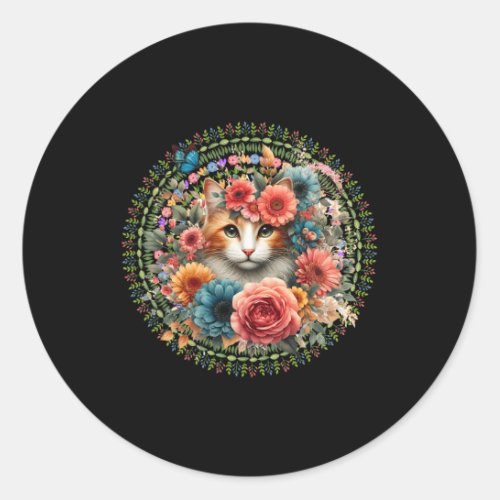 Cat Art Cat With Flowers Floral Pet Owner Animal L Classic Round Sticker