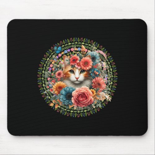 Cat Art Cat With Flowers Floral Pet Owner Animal L Mouse Pad