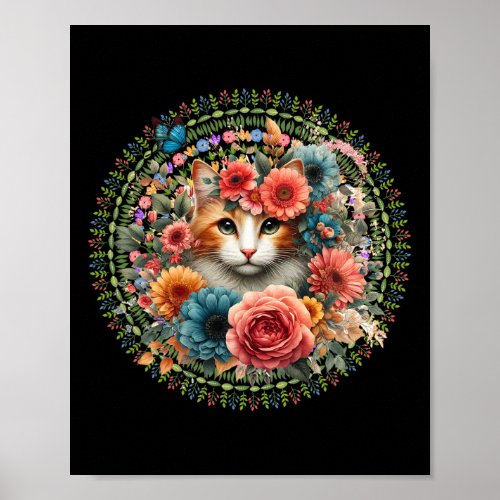 Cat Art Cat With Flowers Floral Pet Owner Animal L Poster