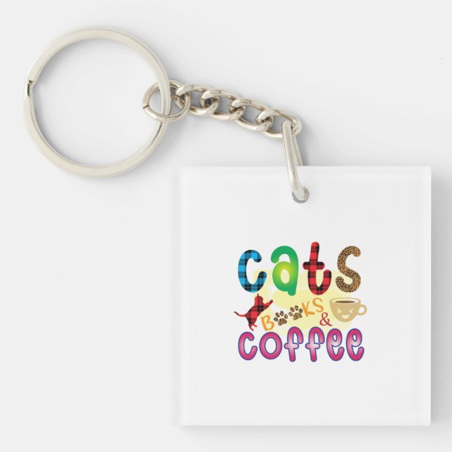 Cat Art Cats Books Coffee Keychain (Front)