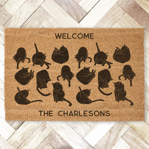 Cat Art Personalized Name Welcome Fiber Doormat