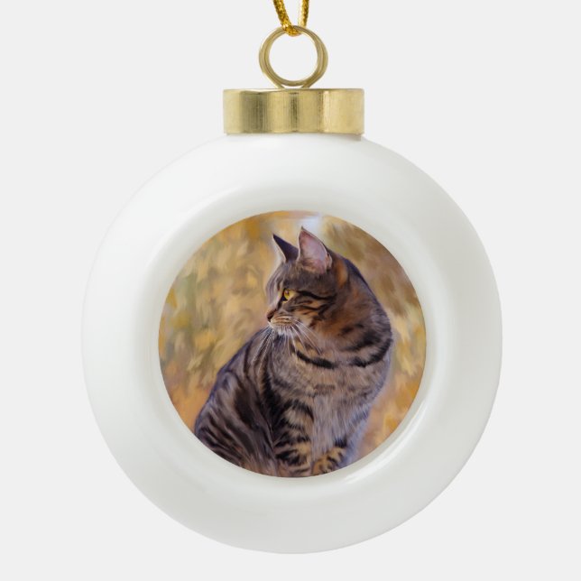 Cat Art Portrait Ceramic Ball Christmas Ornament (Front)