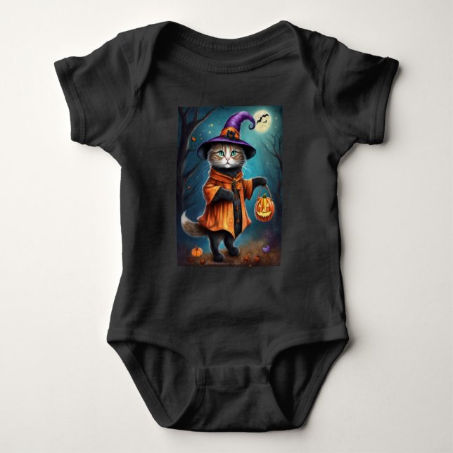 Cat as a Witch Cute Halloween Baby Bodysuit (Front)