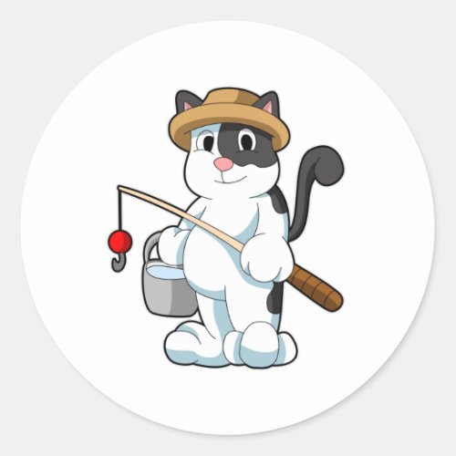 Cat as Angler with Bucket of Water Classic Round Sticker