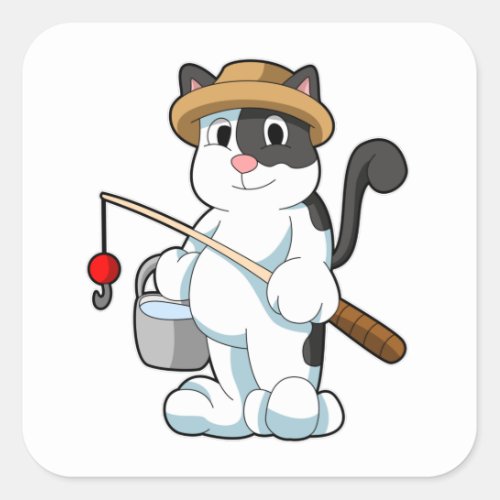 Cat as Angler with Bucket of Water Square Sticker