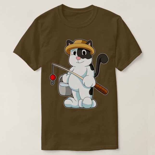 Cat as Angler with Bucket of Water T-Shirt (Design Front)