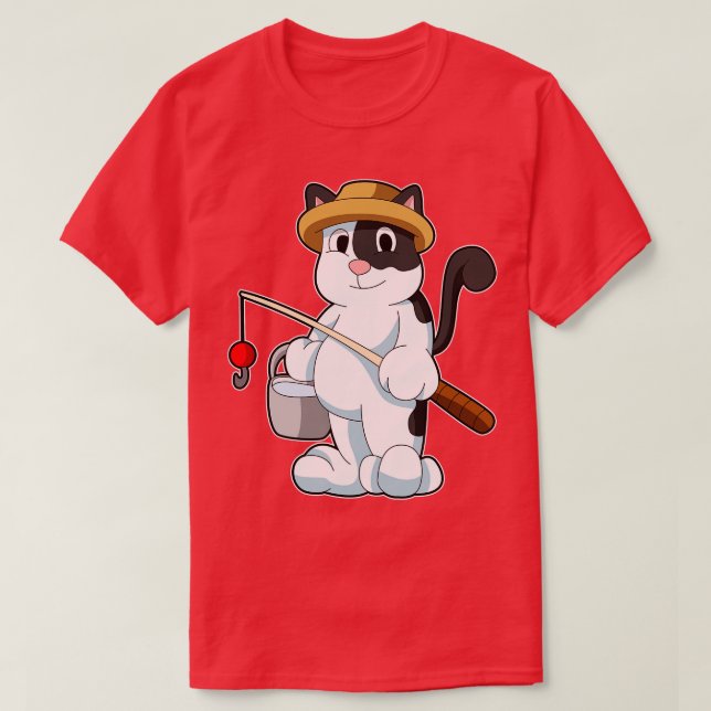 Cat as Angler with Bucket of Water T-Shirt (Design Front)