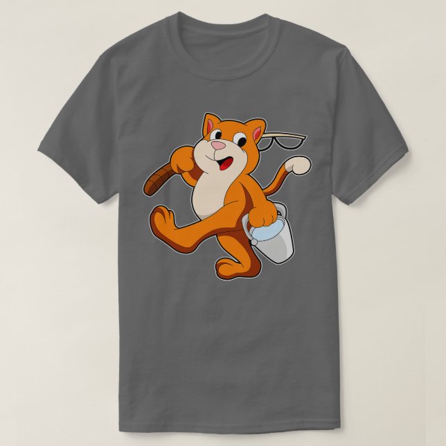 Cat as Angler with Fishing rod Bucket of Water T-Shirt (Design Front)