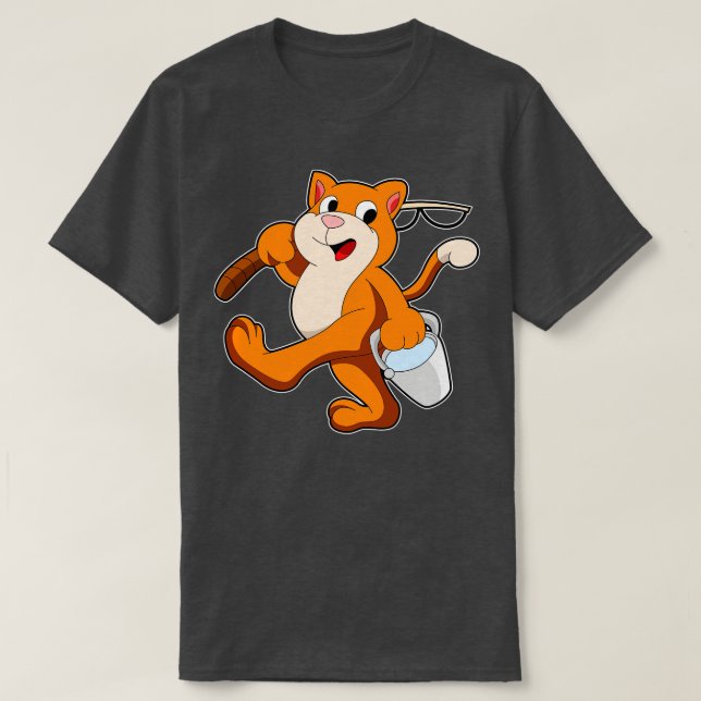 Cat as Angler with Fishing rod Bucket of Water T-Shirt (Design Front)