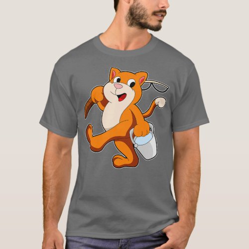 Cat as Angler with Fishing rod Bucket of Water T_Shirt