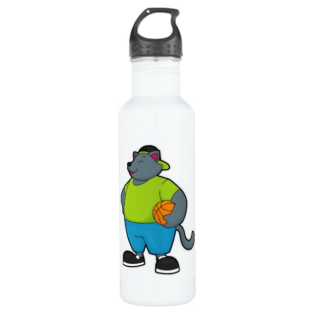 Cat as Basketball player with Basketball Stainless Steel Water Bottle (Front)