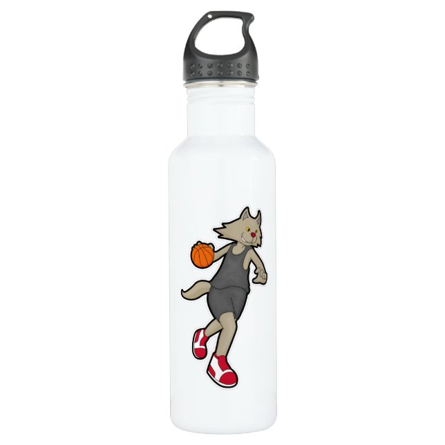 Cat as Basketball player with Basketball Stainless Steel Water Bottle (Front)