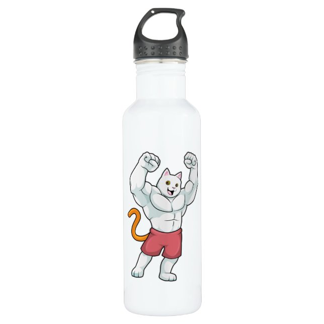 Cat as Bodybuilder with big Muscles Stainless Steel Water Bottle (Front)