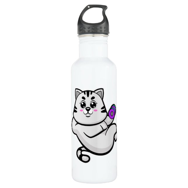 Cat as Bodybuilder with Dumbbell Stainless Steel Water Bottle (Front)
