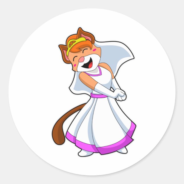 Cat as Bride with Wedding dress & Crown Classic Round Sticker (Front)