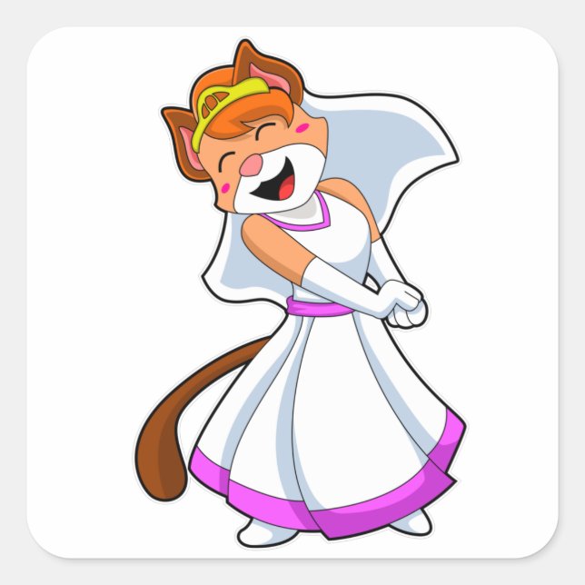 Cat as Bride with Wedding dress & Crown Square Sticker (Front)