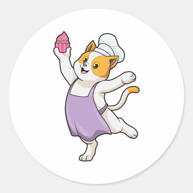Cat as Cook with Cooking apron & Muffin Classic Round Sticker (Front)