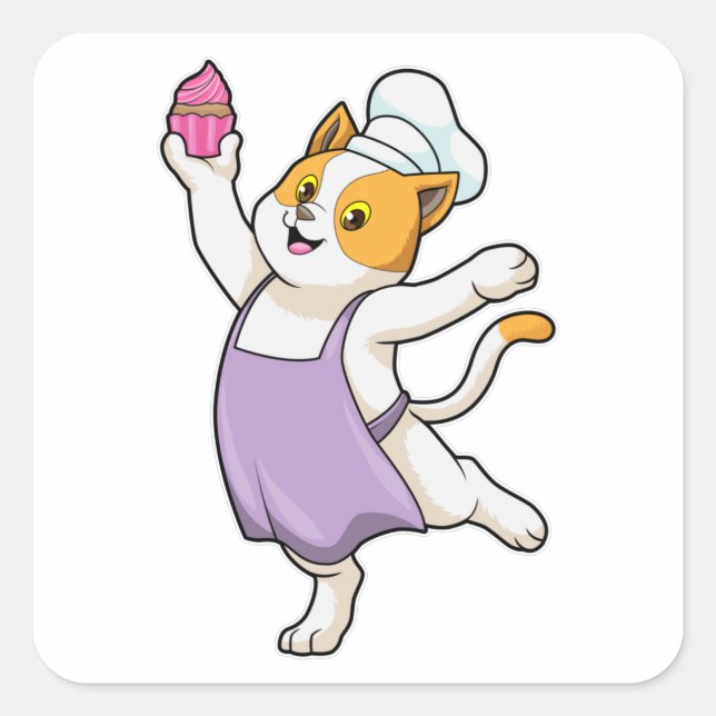 Cat as Cook with Cooking apron & Muffin Square Sticker (Front)
