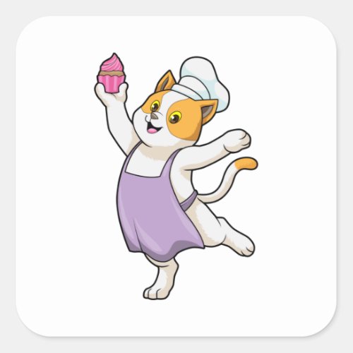 Cat as Cook with Cooking apron  Muffin Square Sticker