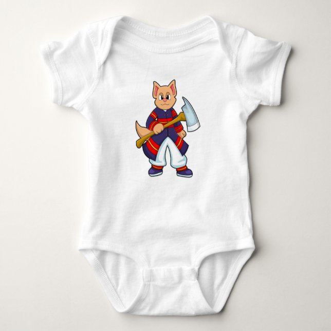 Cat as Firefighter at Fire department with Ax Baby Bodysuit (Front)