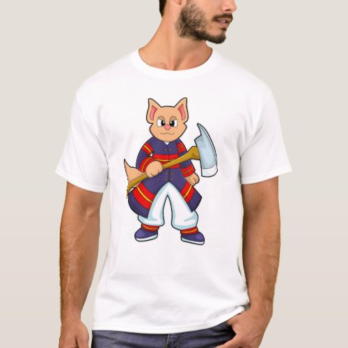 Cat as Firefighter at Fire department with Ax T_Shirt