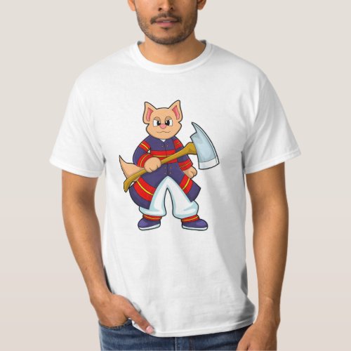 Cat as Firefighter at Fire department with Ax T_Shirt