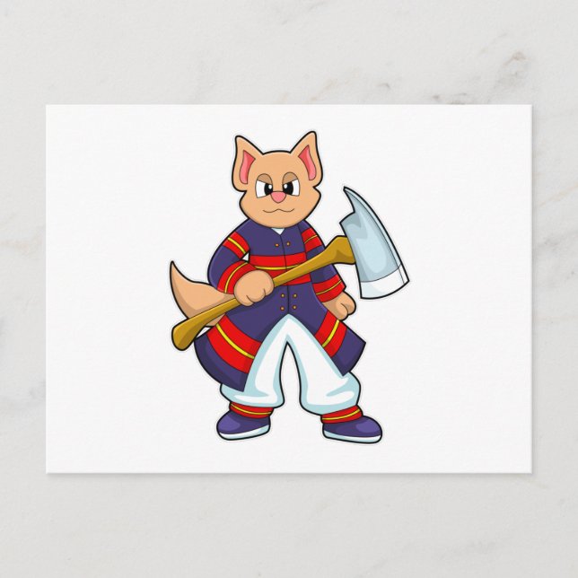 Cat as Firefighter at Fire department with Axe Postcard (Front)