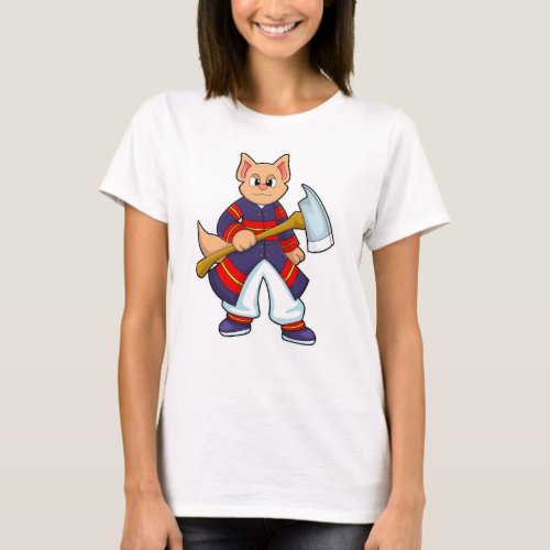 Cat as Firefighter at Fire department with Axe T_Shirt