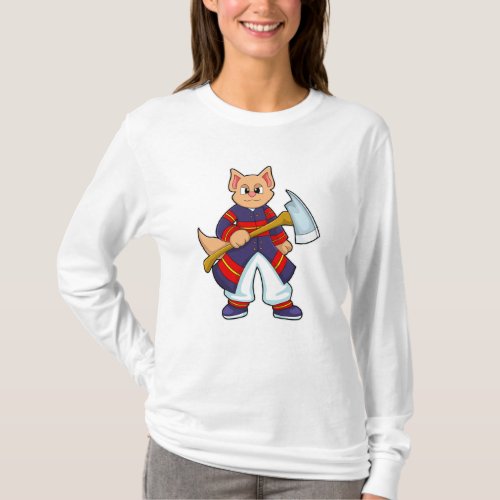 Cat as Firefighter at Fire department with Axe T_Shirt