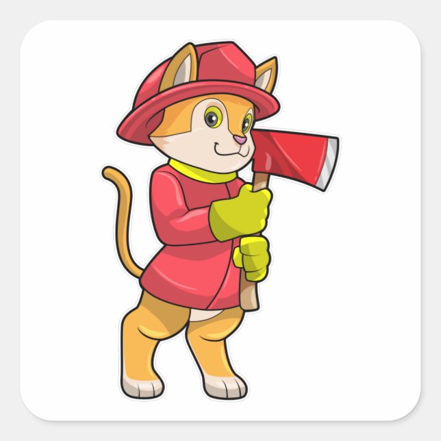 Cat as Firefighter with Ax Square Sticker (Front)