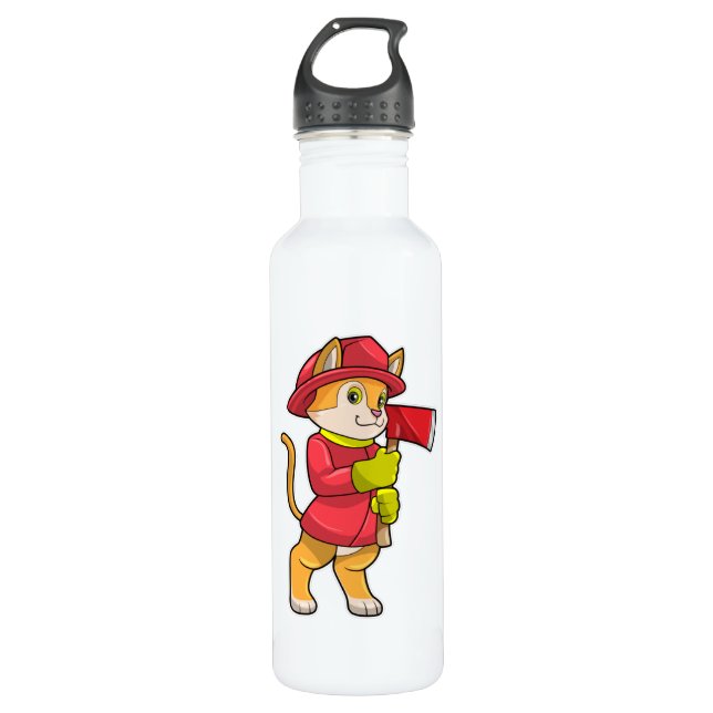 Cat as Firefighter with Ax Stainless Steel Water Bottle (Front)