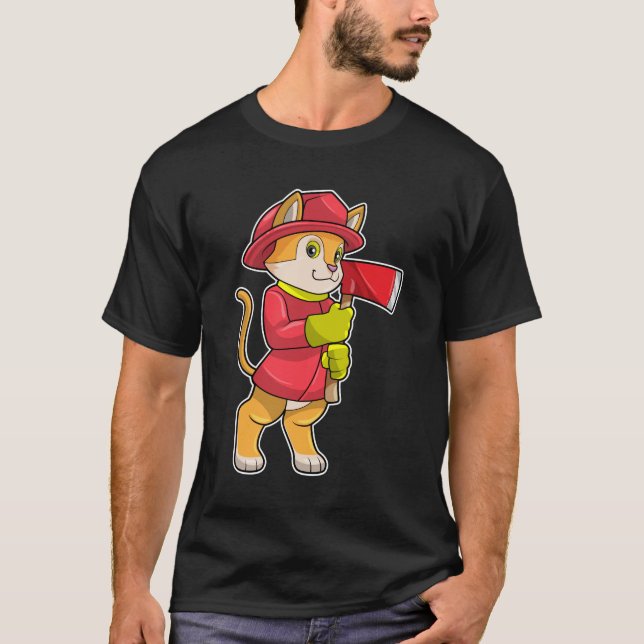 Cat as Firefighter with Ax T-Shirt (Front)