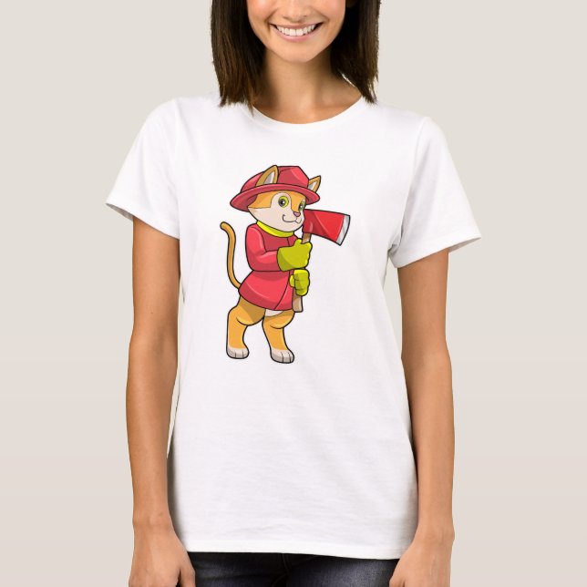 Cat as Firefighter with Ax T-Shirt (Front)