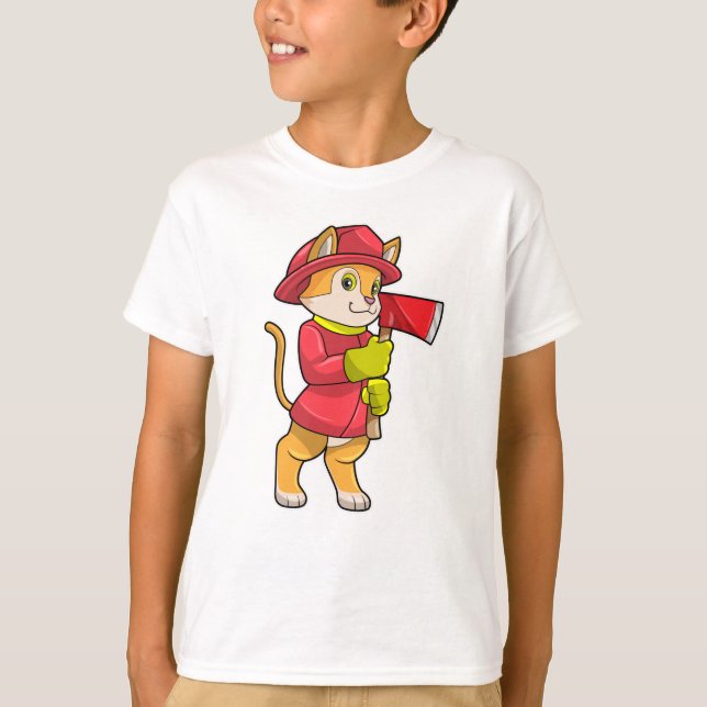 Cat as Firefighter with Ax T-Shirt (Front)
