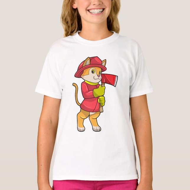 Cat as Firefighter with Ax T-Shirt (Front)