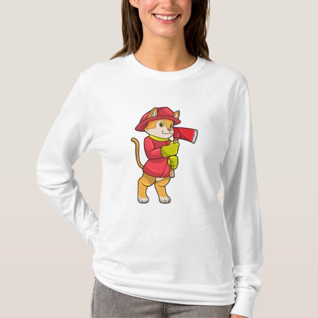 Cat as Firefighter with Ax T-Shirt (Front)