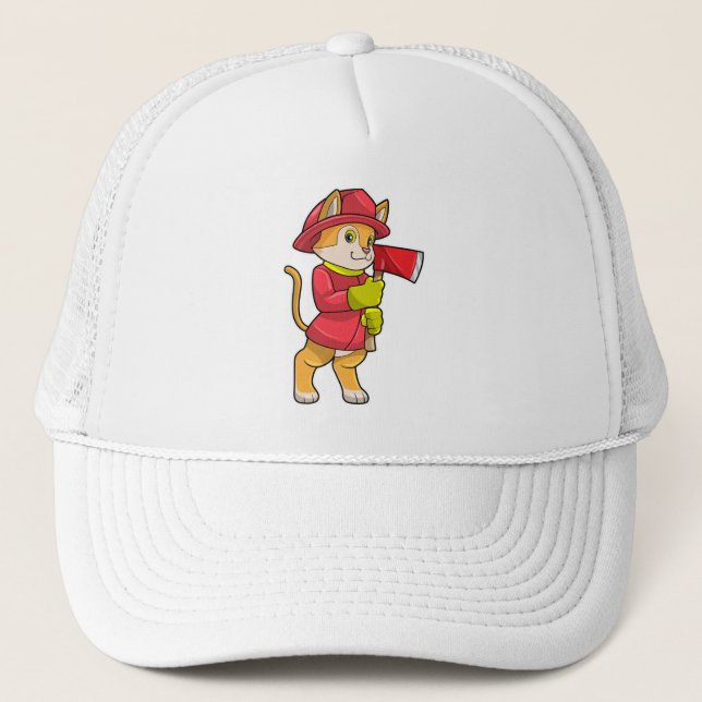 Cat as Firefighter with Ax Trucker Hat (Front)