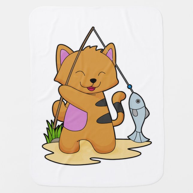 Cat as Fisher with Fishing rod & Fish Baby Blanket (Front)