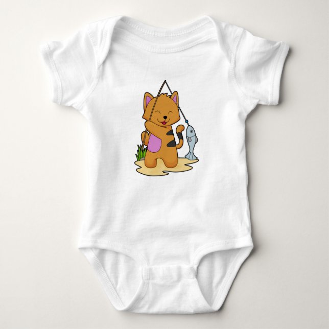Cat as Fisher with Fishing rod & Fish Baby Bodysuit (Front)