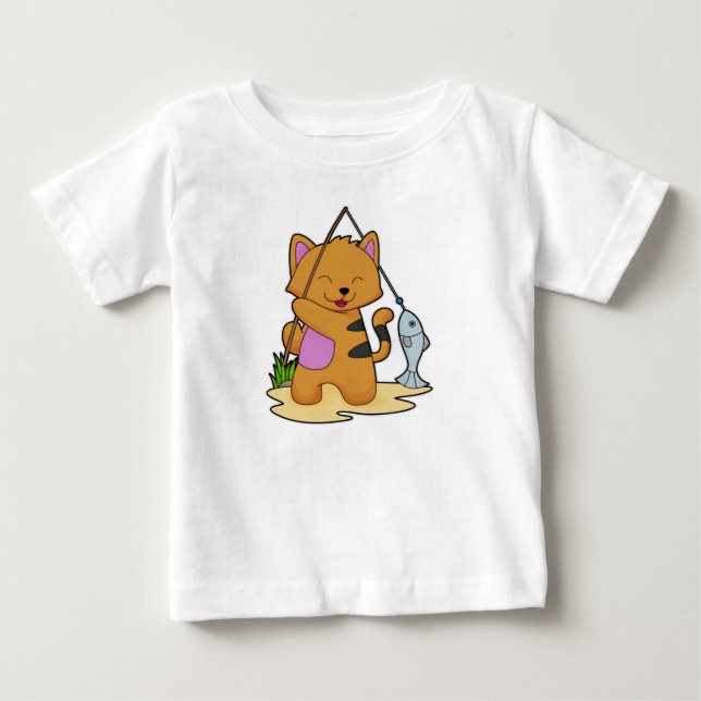 Cat as Fisher with Fishing rod & Fish Baby T-Shirt (Front)