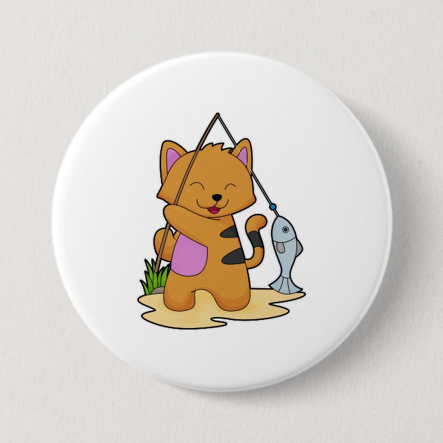 Cat as Fisher with Fishing rod & Fish Button (Front)